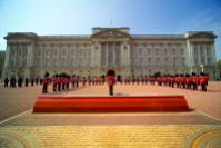 Band performing during The Changing of the Guard ceremony taking place in the courtyard of Buckingham Palace, Westminster, London, London, England.